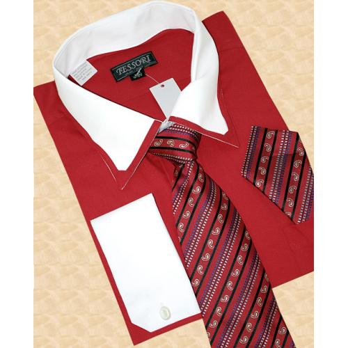 Tessori Red/White Woven Cotton Blend Dress Shirt SH-01